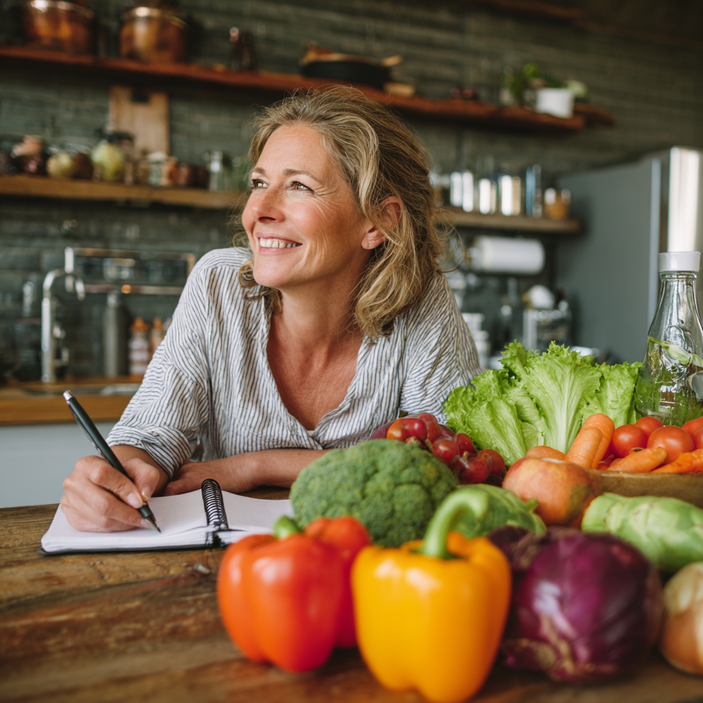 Middle-aged woman planning healthy meals with nutritious ingredients