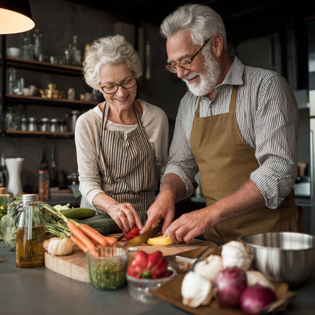 Senior couple preparing nutritious meal together in modern kitchen